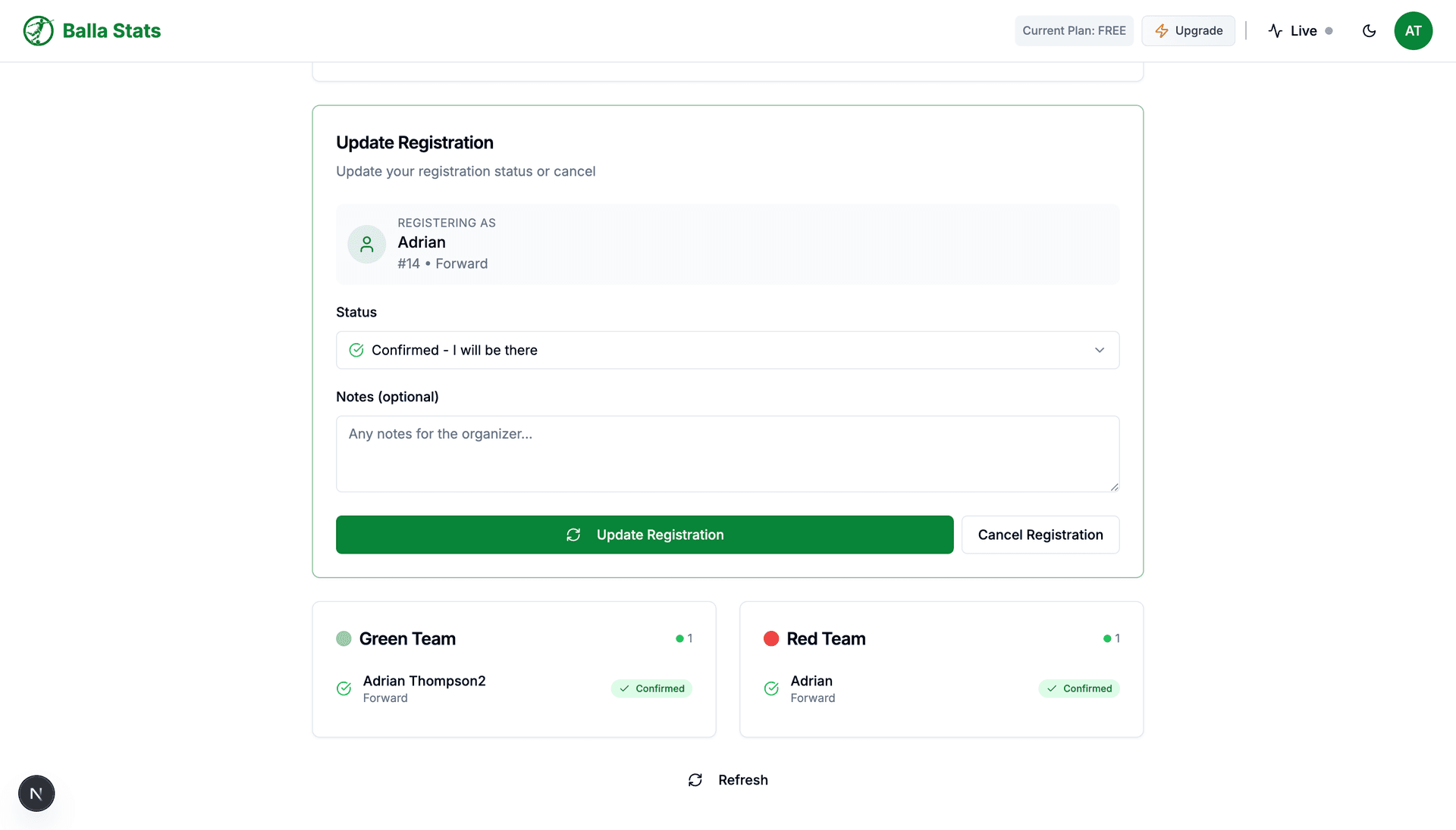Match registration with RSVP options
