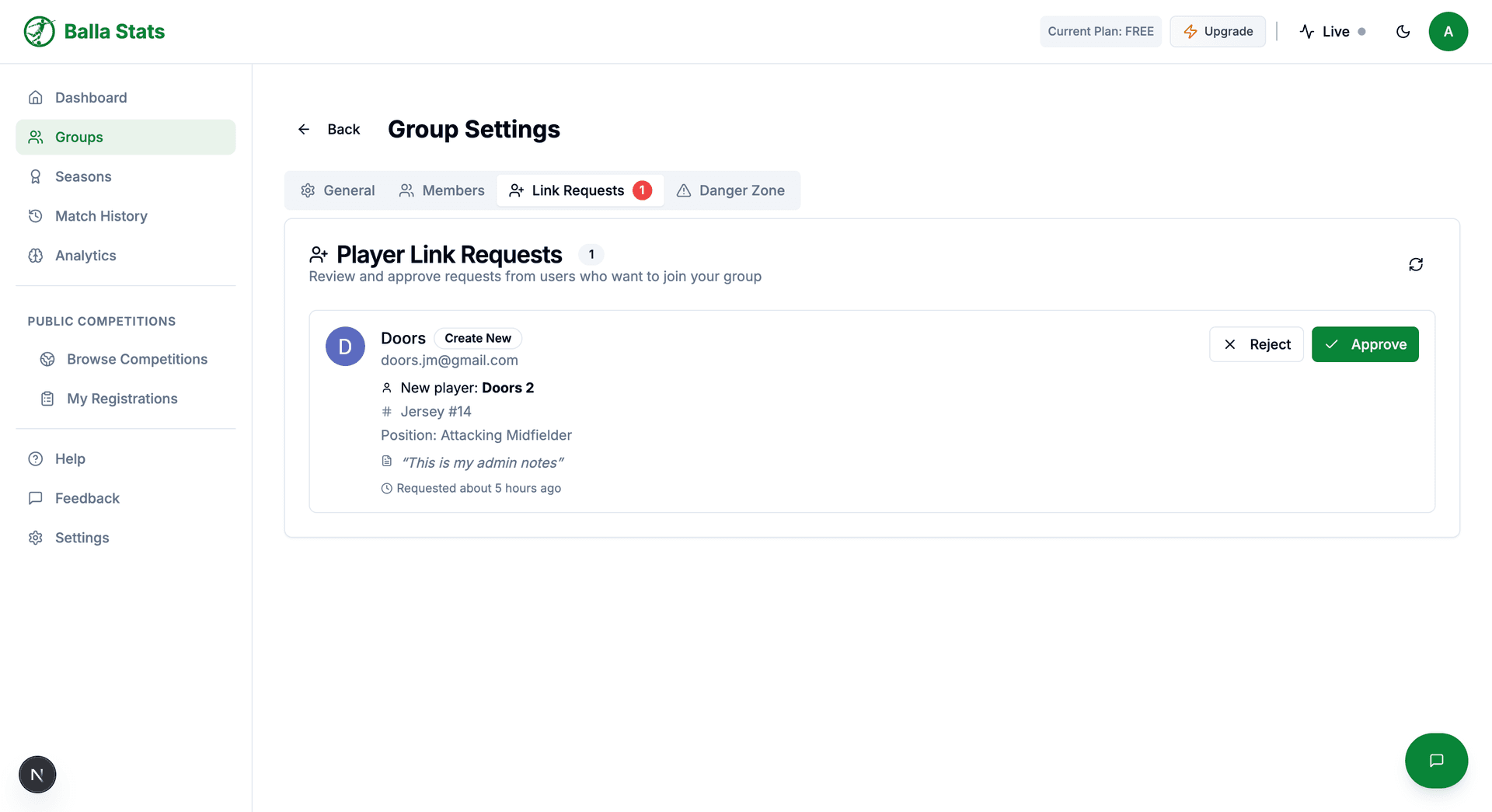 Group settings showing pending link requests
