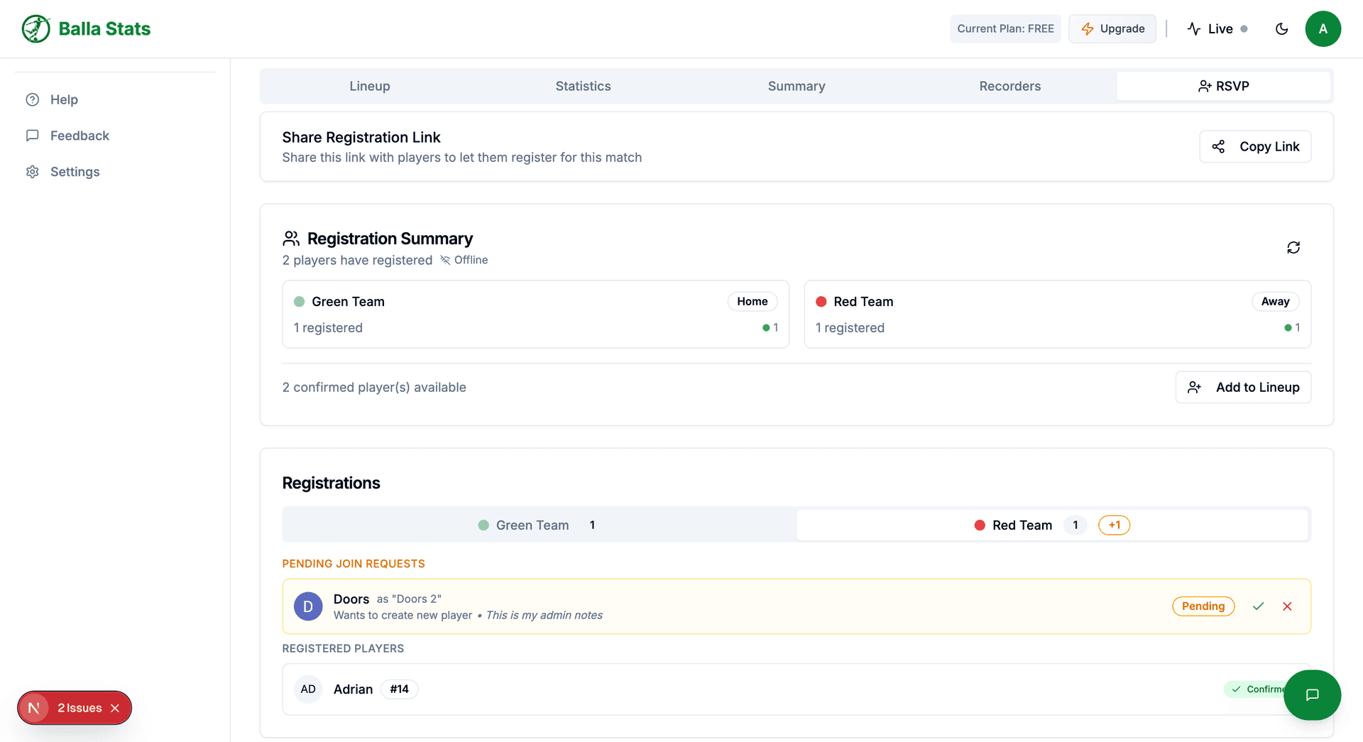 Match RSVP tab showing link requests