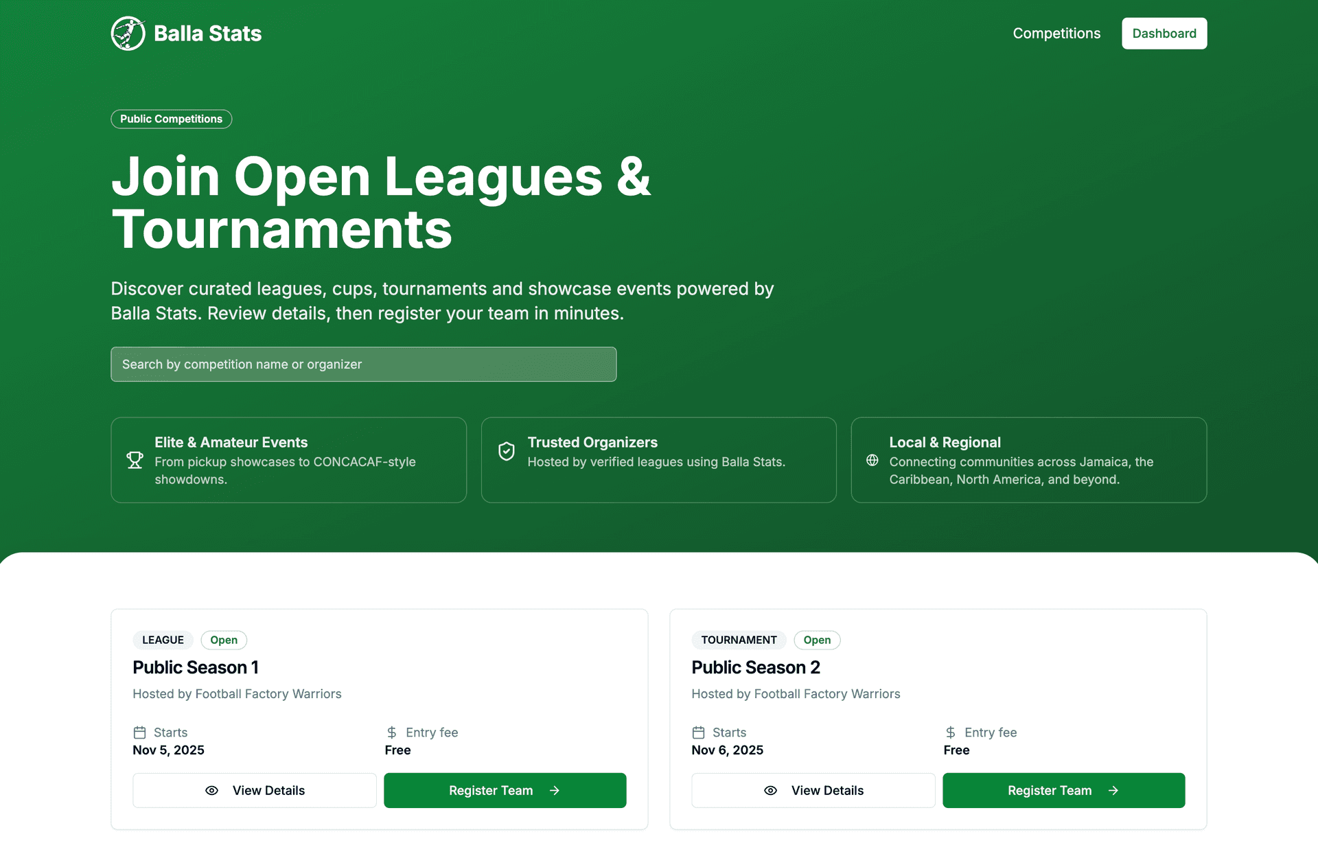 Public Seasons Directory page showing competition cards with search and filter options