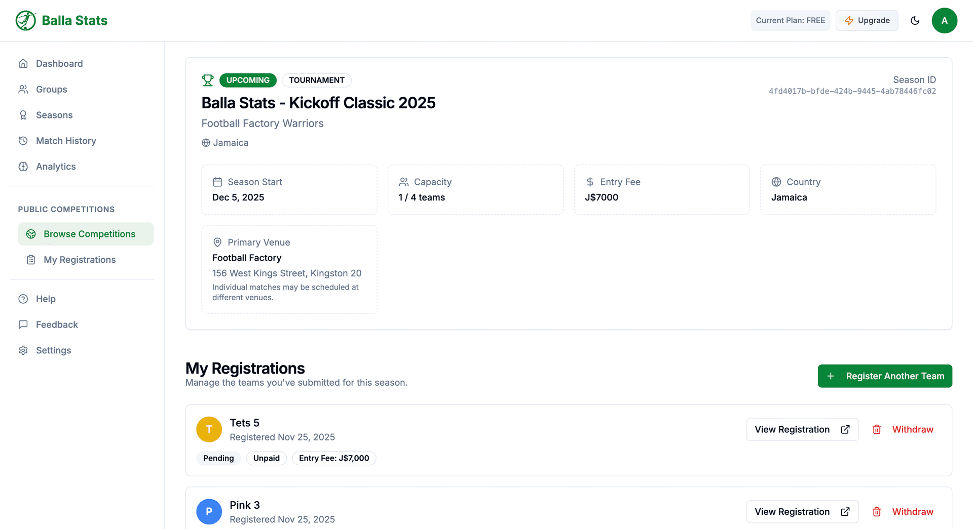 Competition page with highlighted Register Team button