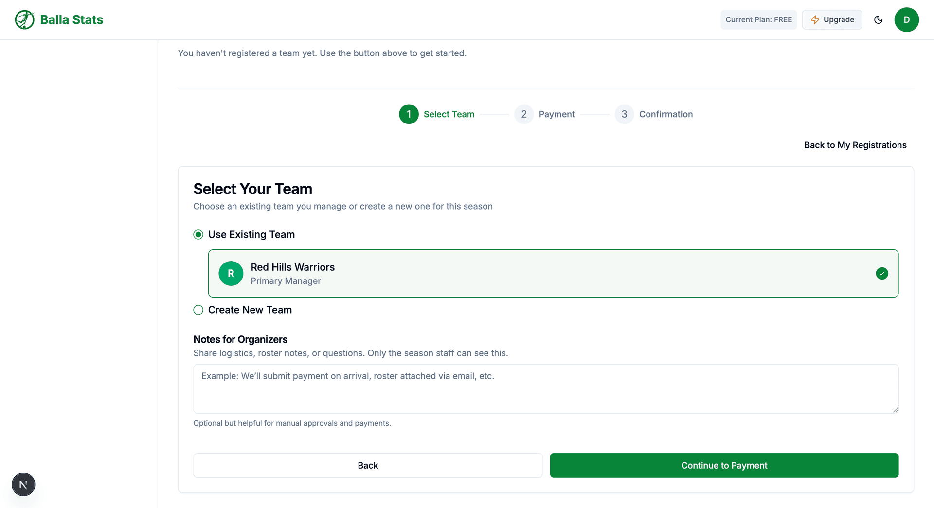 Team selection step showing a list of user's teams with radio buttons