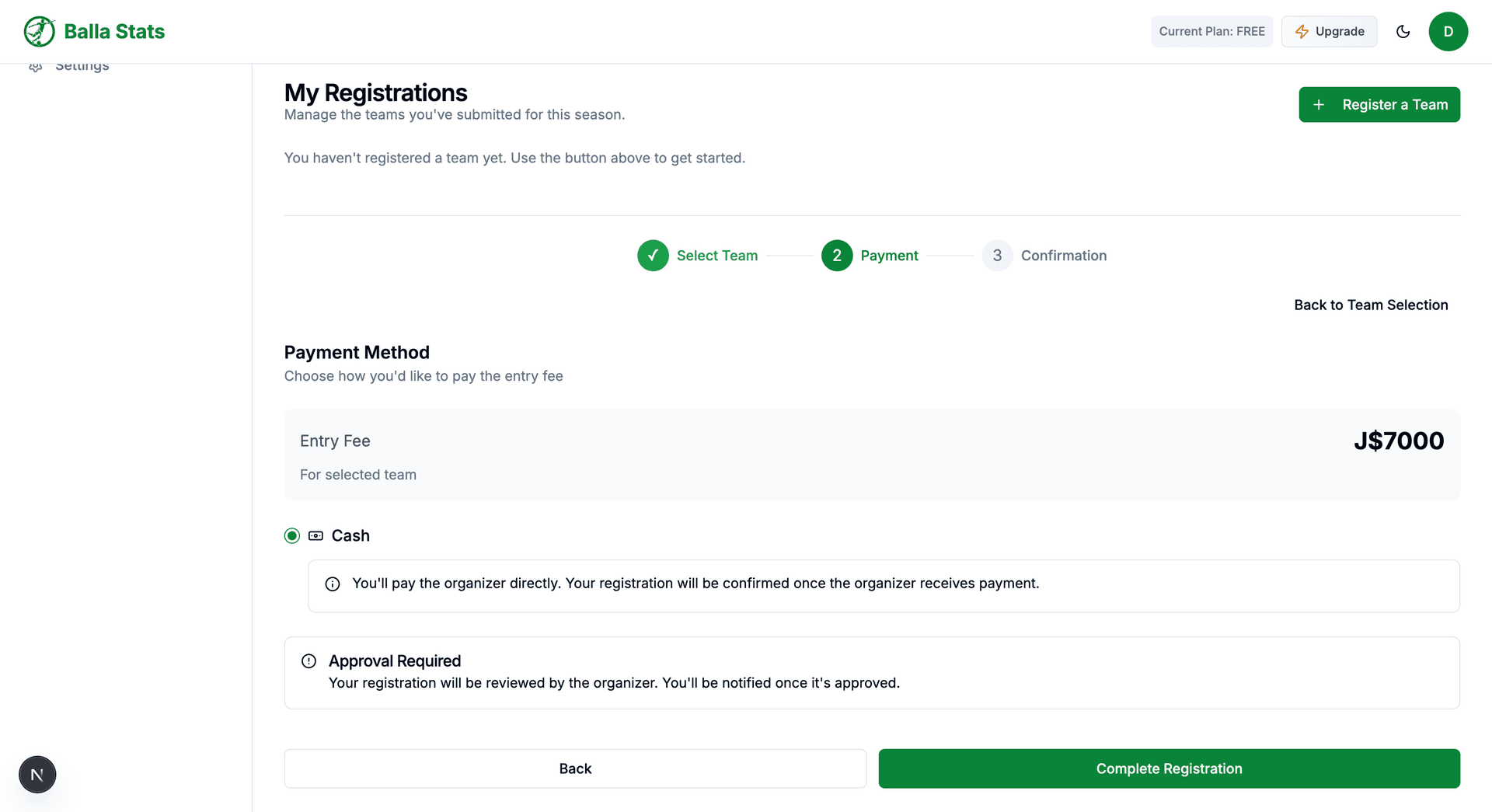 Payment method selection step showing fee amount and payment options