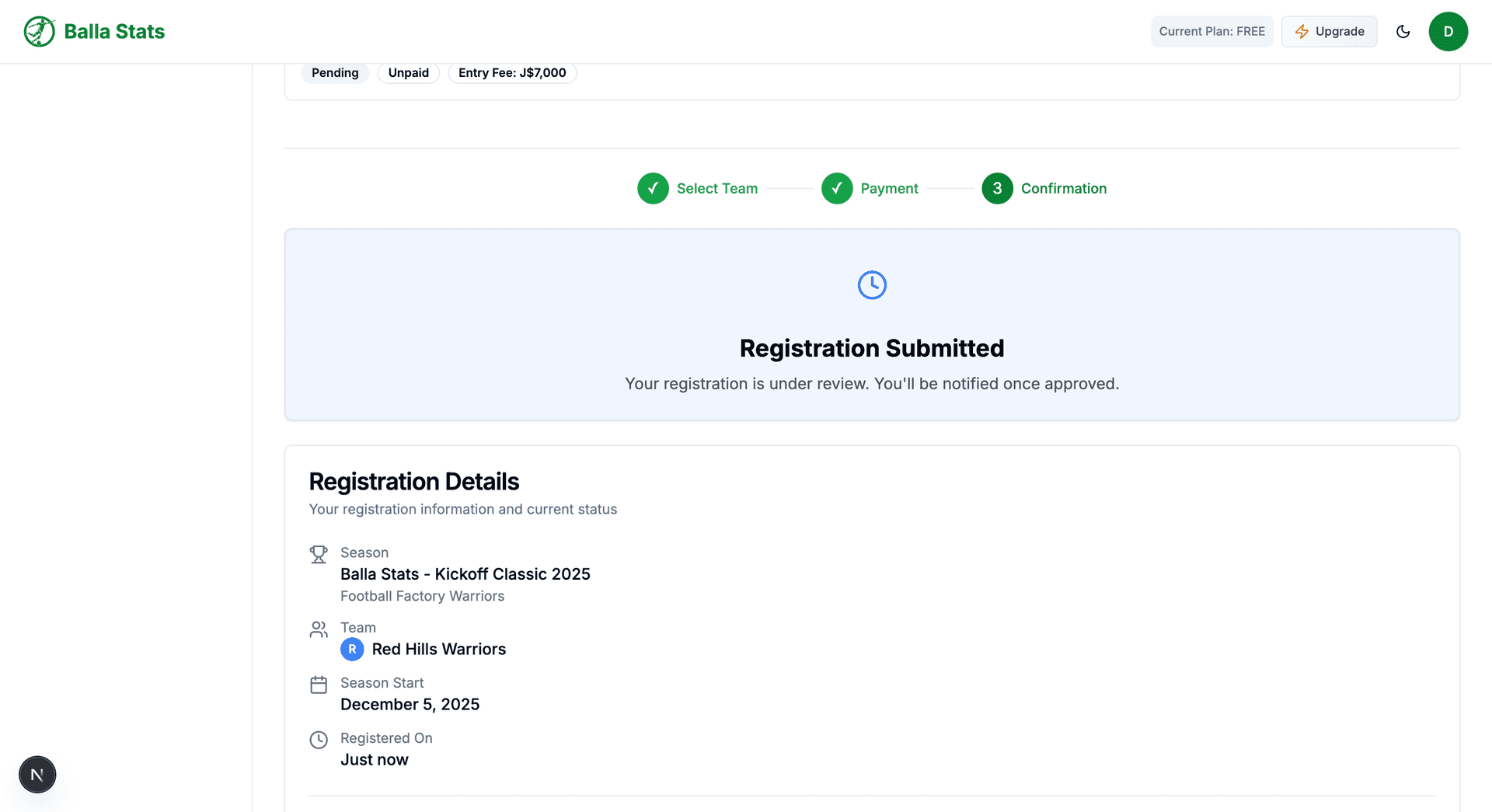 Registration confirmation step showing summary of all details with Submit button
