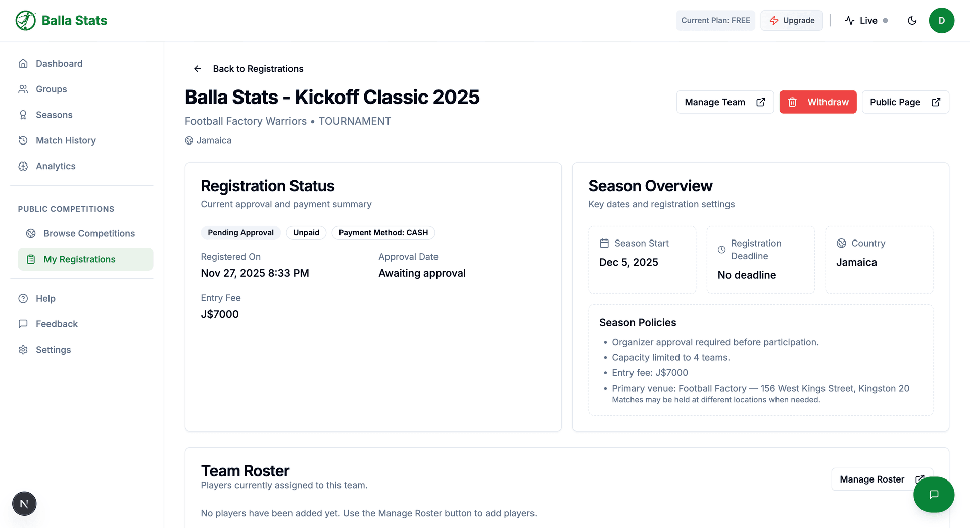 My Registrations page showing list of registrations with status badges