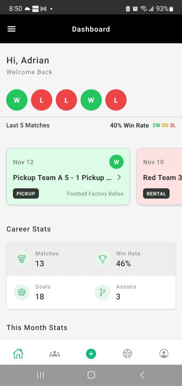 Balla Stats Mobile App Dashboard