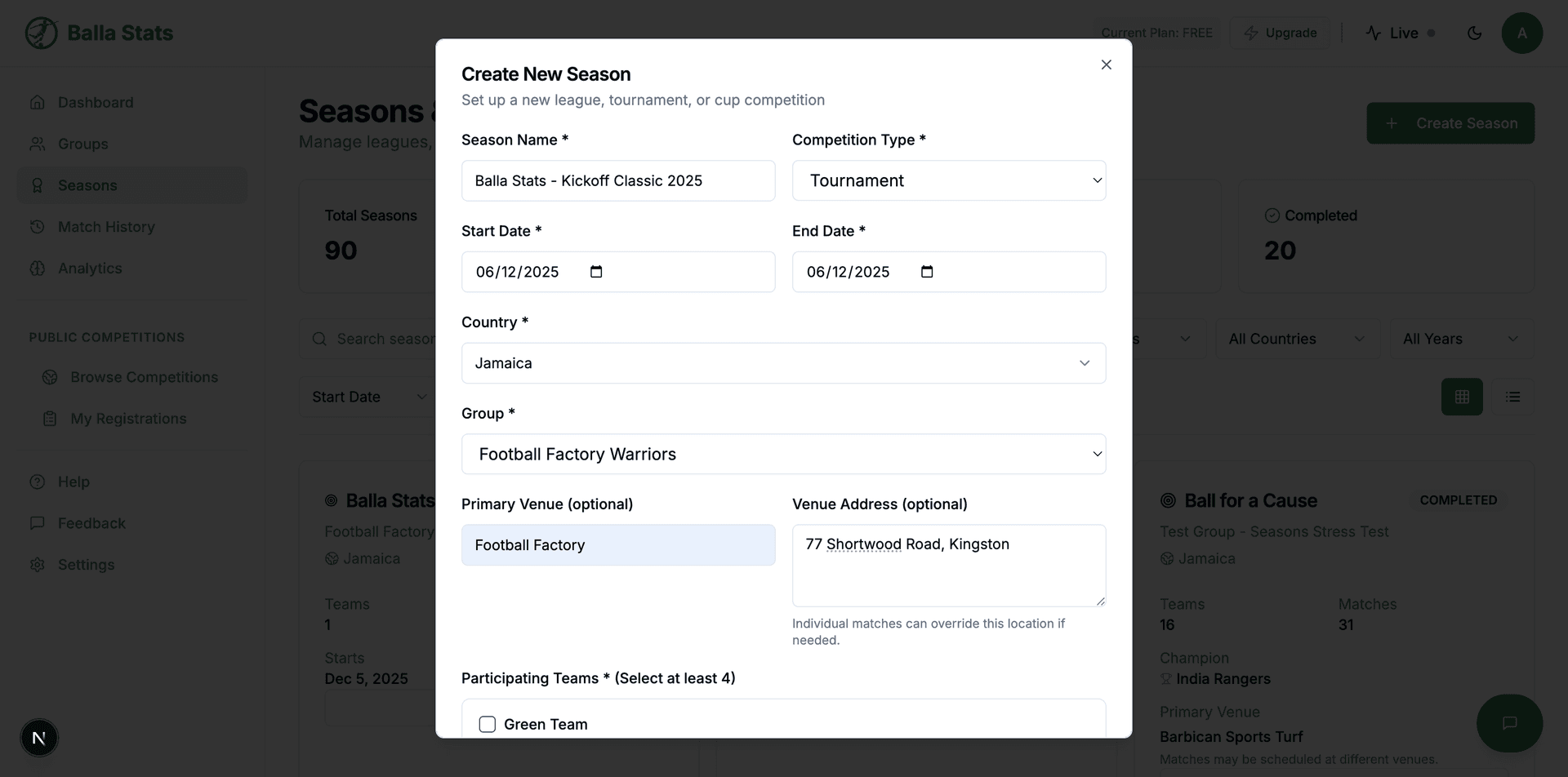 Season creation form showing name, type, dates, and description fields