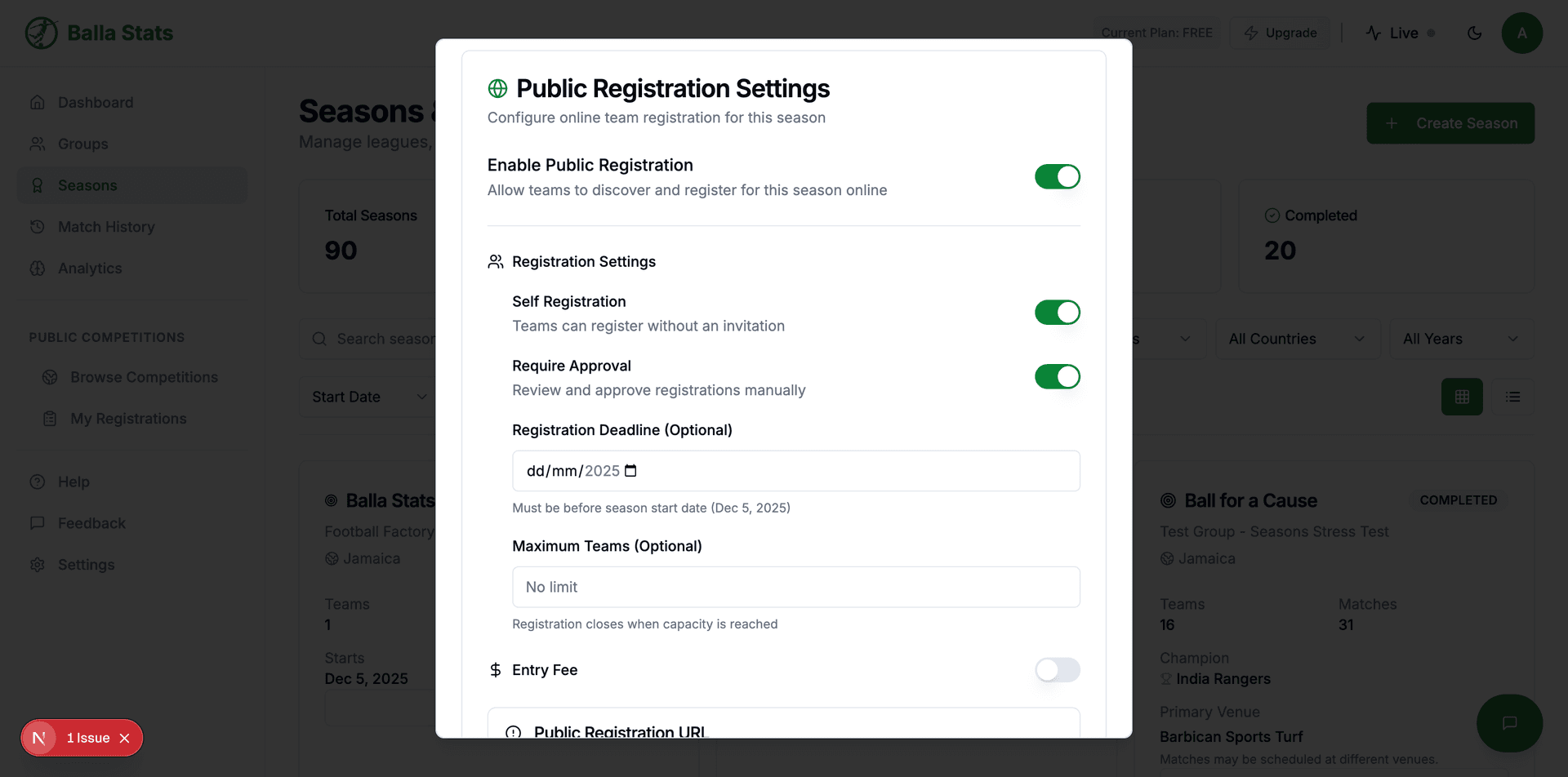 Public registration toggle switch in the ON position