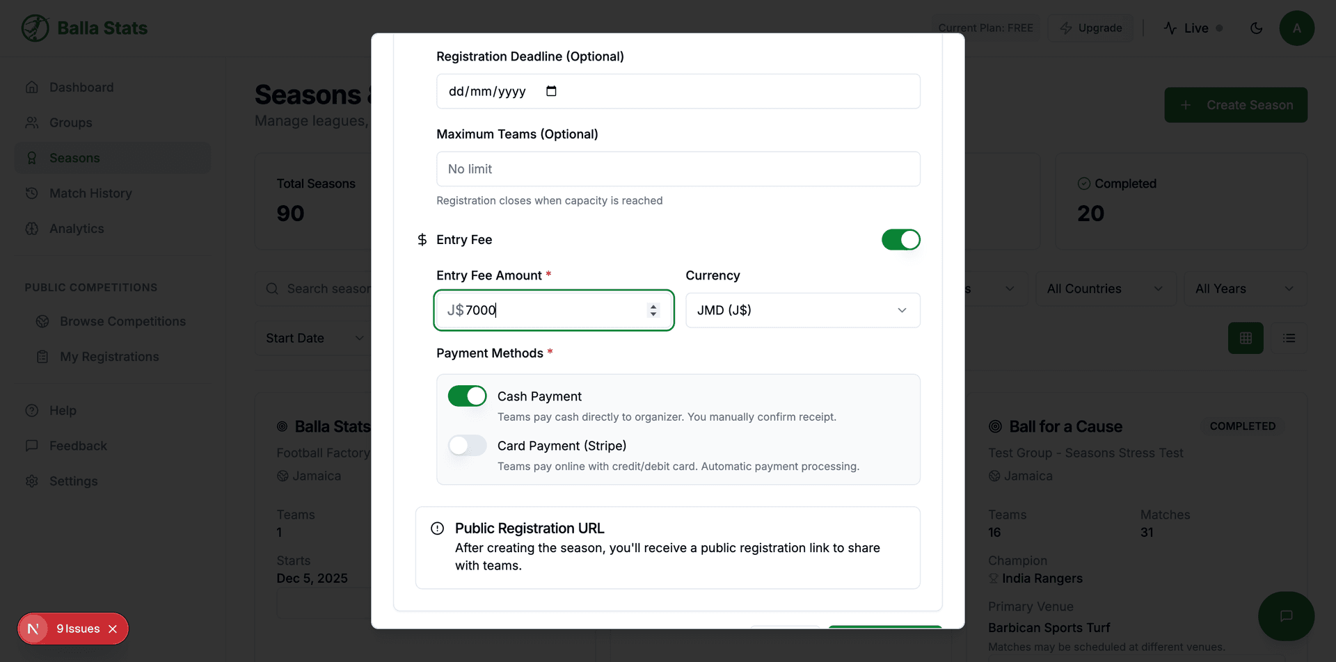 Registration settings panel showing capacity, deadline, entry fee, and approval options