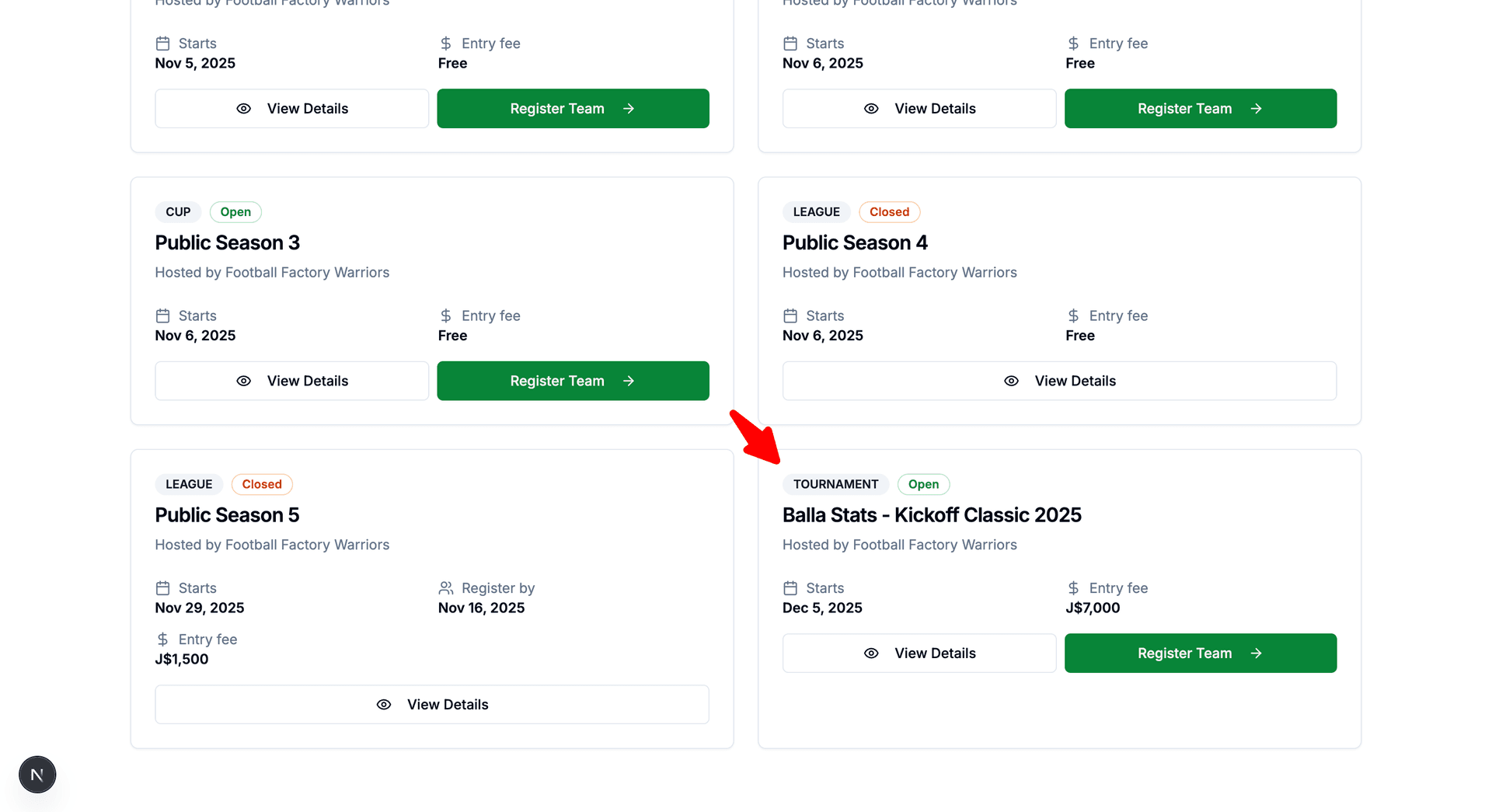 Public Seasons Directory showing the newly created competition card