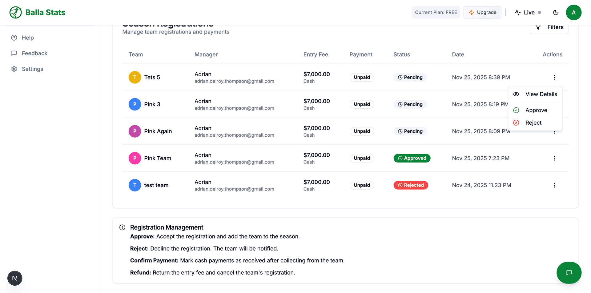 Registration detail view with Approve and Reject buttons