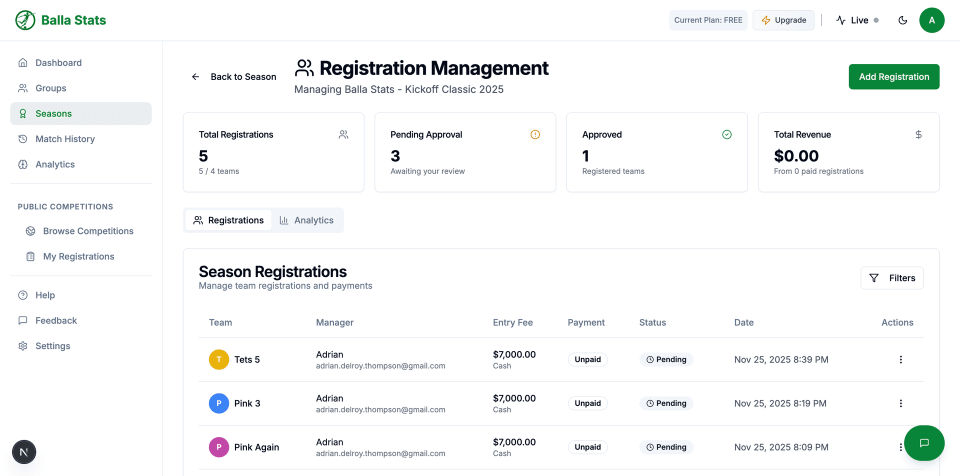 Registration management dashboard showing list of registrations with status badges